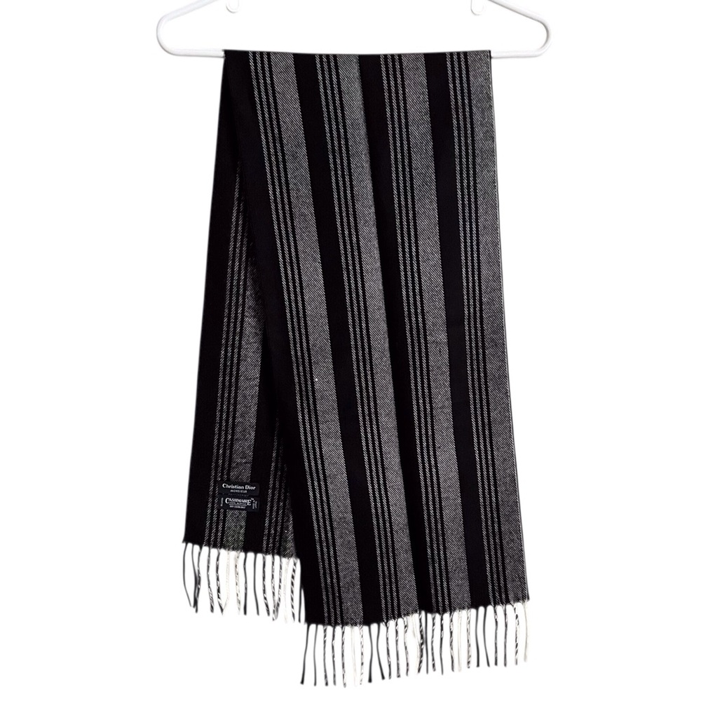 Christian Dior Monsieur Scarf Black Grey Cashmaire Acrylic Classy Neutral Stripe